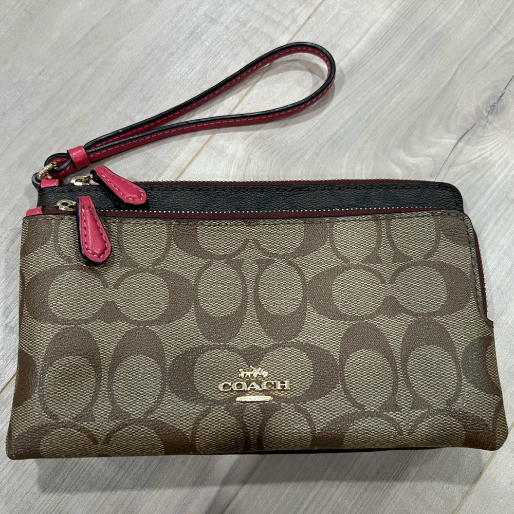 Coach Signature Brown and Black Wristlet with Pink Accents